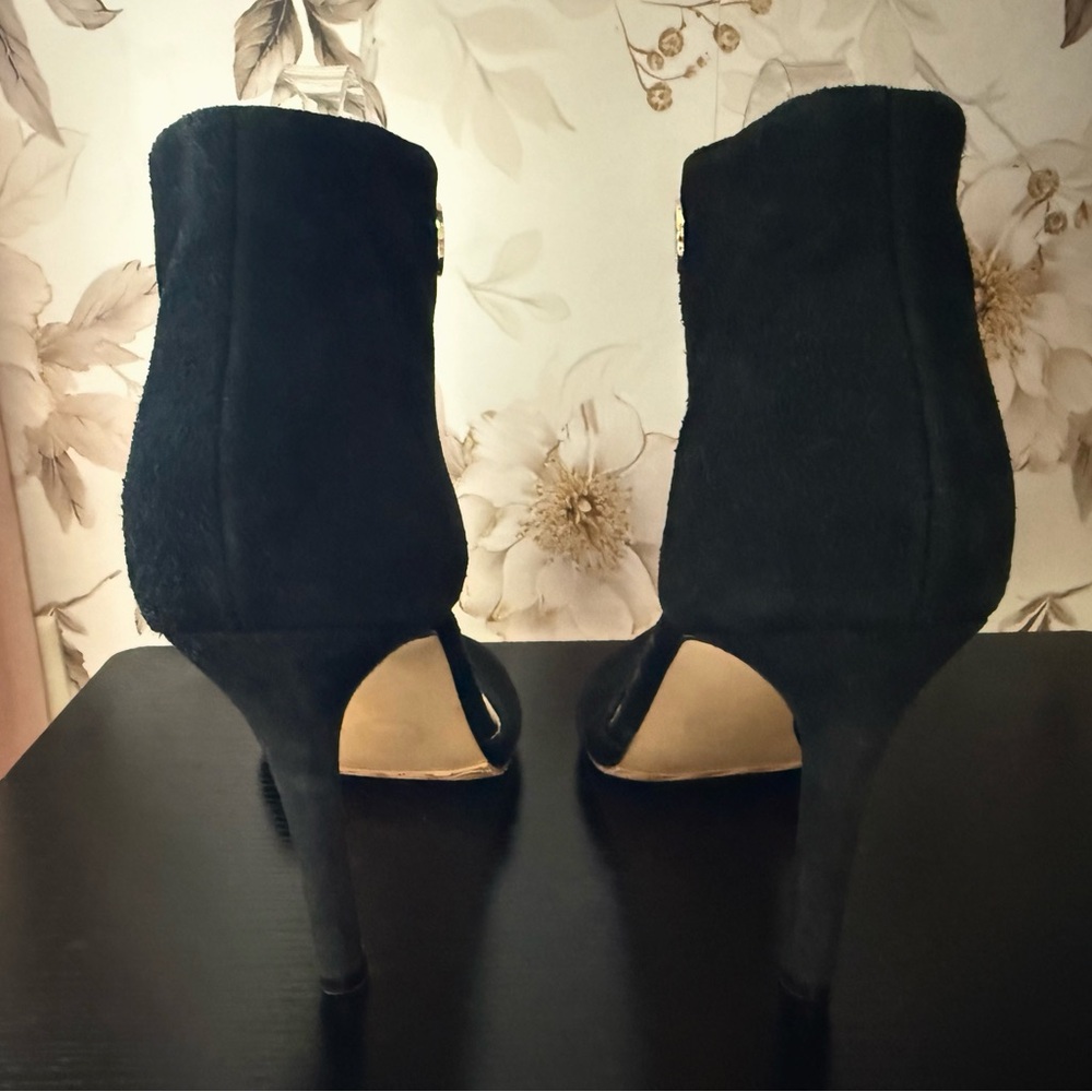 Michael Kors Black Suede Open-Toe Ankle-Cuff Heels with Gold MK Accent - Picture 4 of 4